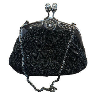 Black and Silver Beaded Clutch with Ornate Clasp